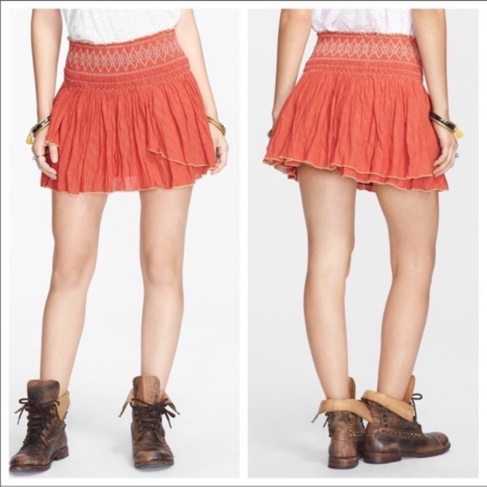 Free People Lip Smocking Embroidered Gathered Boho Mini Skirt Red Orange S